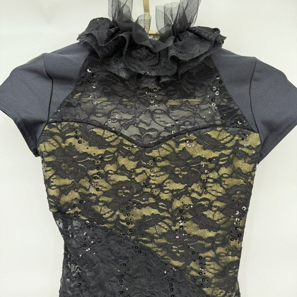Dance Costume Black Gold Sequins Jazz Child Large Open Back “Bionic” - Picture 3 of 10